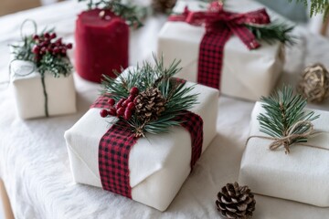 A group of holiday gifts wrapped in neutral fabric and twine decorated with pine branches, red berries and pinecones are arranged with candles on a white cloth