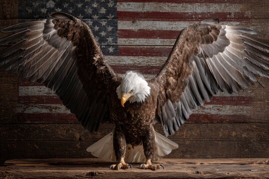 A bald eagle wings spread stands before an American flag