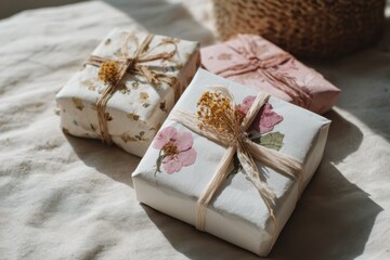 Three beautifully wrapped gifts in floral handmade paper with natural twine and pressed flowers are arranged on a neutral cloth in soft sunlight
