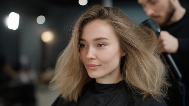 Hair stylist blow-drying a blonde clients hair.