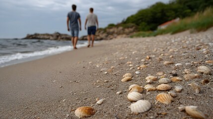 Two figures walk along a sandy beach covered in seashells with the ocean and cloudy sky in the background
