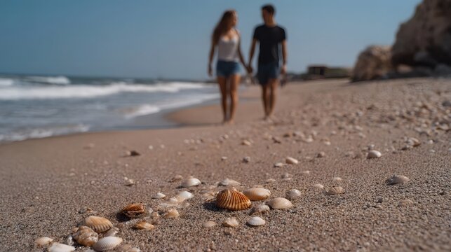 A couple walks hand in hand along a sandy beach scattered with seashells with the ocean and waves in the background