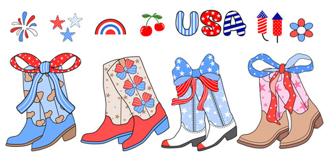 Variety of Pastel Cartoon Boots with Bows and Embellishments on White Background