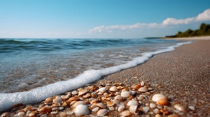 Close up of colorful seashells on a sandy beach with gentle ocean waves and foam under a clear blue sky
