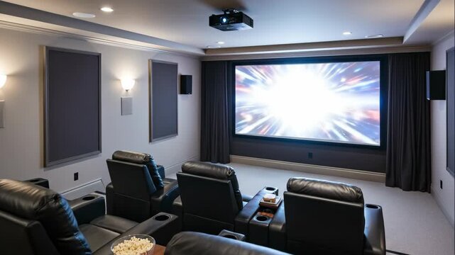 Home movie theater with plush recliners, screen transitioning from blank to bright light burst. Entertainment room for film viewing.