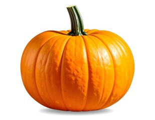 Obraz premium Vibrant single orange pumpkin with a green stem, isolated on a pristine white background