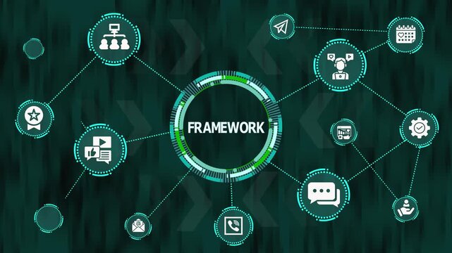 Comprehensive digital framework diagram featuring multi-layered structural nodes, centralized circular hub, and coordinated data pathways for scalable technology architecture. - Powered by Adobe