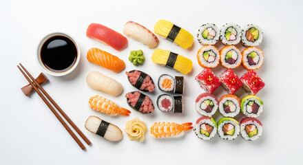 Vibrant assortment of fresh sushi and rolls arranged artfully with soy sauce and chopsticks, perfect for culinary promotions and restaurant menus.
