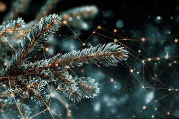 Seasonal symphony: the artful dance from autumn to winter. Network architecture. Glistening rime on spruce: a view into nature's winter transition. Intelligent network. Global network.