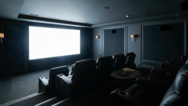 Modern home cinema room with white screen and decreasing light levels, showcasing comfortable black leather recliners and popcorn for movie night.