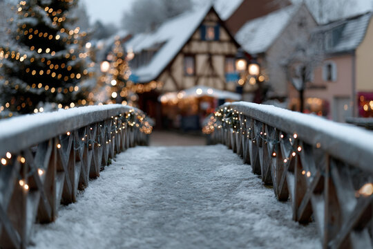 A charming snow-covered bridge decorated. Christmas scene. - Powered by Adobe