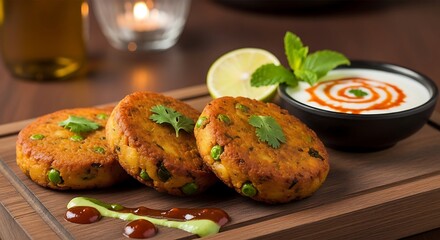 Savory Patties Delights: A close-up showcases a trio of golden-brown patties, artfully arranged on a wooden board, tantalizing the taste buds with their enticing aroma.