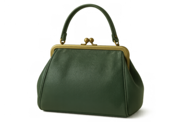 Green leather handbag showcasing a classic gold clasp, vintage design, top handling, and textured material, great for fashion