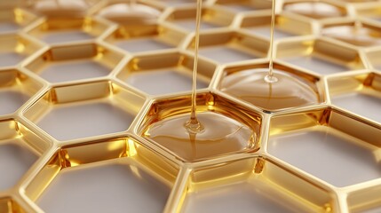 Gold liquid in hexagons symbolizes skin nourishment with collagen and retinol.