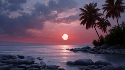 Tropical beach at twilight with a glowing full moon and silhouetted palm trees reflected on the calm ocean surface