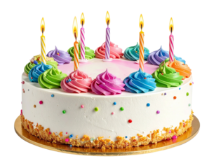 Classic Birthday Cake with Colorful Frosting and Candles, Front View, Isolated on White background