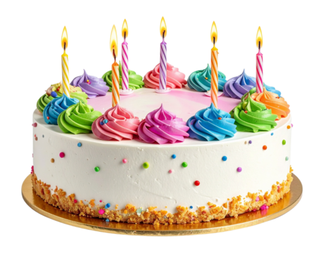 Classic Birthday Cake with Colorful Frosting and Candles, Front View, Isolated on White background