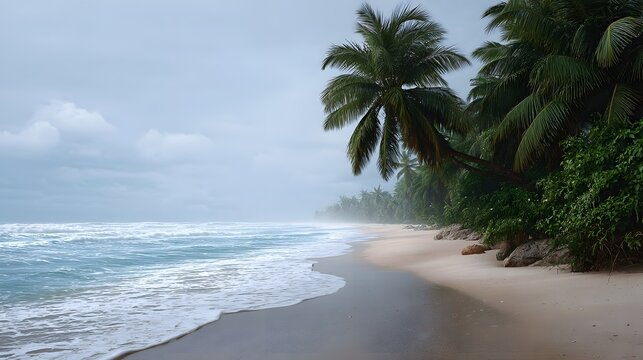 Serene tropical beach with lush palm trees gentle ocean waves and a moody overcast sky with light rain