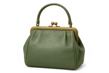 Green leather handbag featuring a brass clasp and top handle, showcasing a timeless retro aesthetic on a transparent background