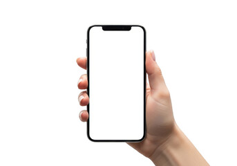 Hand holding modern smartphone with white screen displaying content isolated transparent background