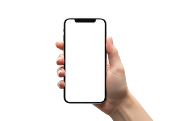 Hand holding modern smartphone with white screen displaying content isolated transparent background
