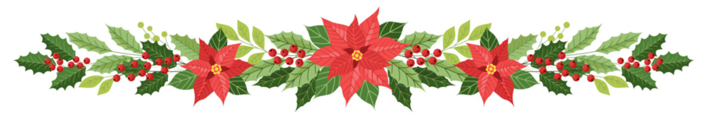Winter flower arrangement. Winter decorative garland with poinsettia, holly and red berries.