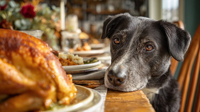 A dog longingly looks at a thanksgiving turkey dinner on a wooden table with plates of food