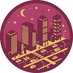 Obraz premium Minimalist Isometric Night City Vector Illustration - Urban Traffic and Skyscraper View