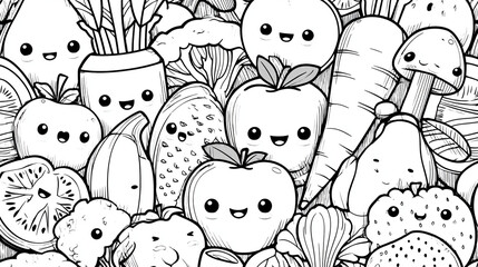 A seamless pattern of cute cartoon fruits and vegetables in black and white line art style design illustration