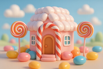 Cute Candy House in Pastel Fantasy Landscape