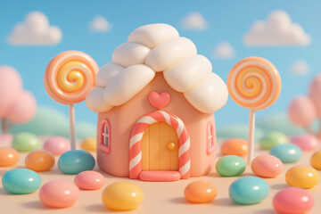Cute Candy House in Pastel Fantasy Landscape