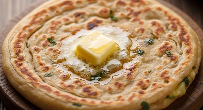 Golden Buttered Paratha: This close-up captures the delectable details of a golden-brown paratha, crowned with a melting cube of creamy butter, a culinary delight. 