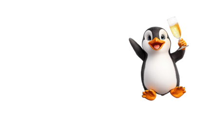 Cheerful Penguin Toasting with Bubbles on Transparent Background