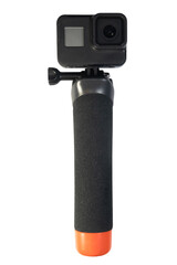 Action camera with grip handle isolated on transparent background. Concept of travel, adventure filming, vlogging, and outdoor photography equipment.