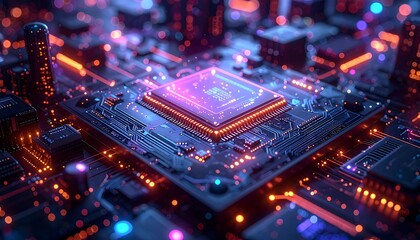 Futuristic circuit board with glowing city backdrop