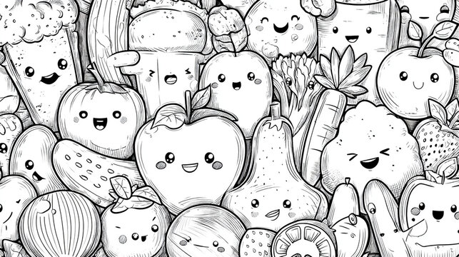 A black and white doodle art featuring a variety of happy cartoon fruits and vegetables together tightly