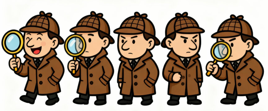 Set of Cartoon Detective Characters with Magnifying Glass