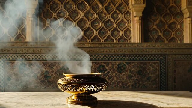 Aromatic journey, Incense smoke swirls in a golden burner against the backdrop of intricate arabesque architecture
