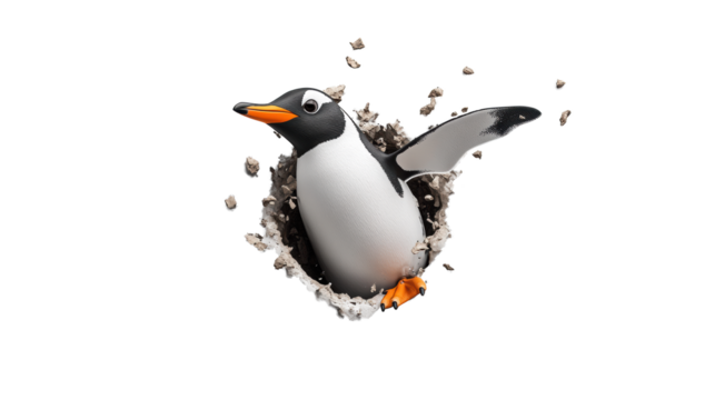Penguin breaking through ice emerging boldly upward on Transparent Background