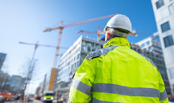 Construction worker wearing a bright neon yellow safety jacket and a white hard hat in front of a modern building under construction, cranes in the background
