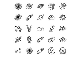 Cosmic Vector Icons: Galaxy & Space Elements, Black & White Space Vector Line Art Collection, Astronomy and Galaxy Iconography Set