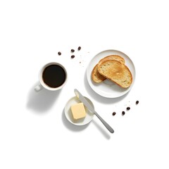Food: simple breakfast with toasts, butter and coffee 