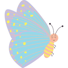 Cute Cartoon Butterfly With Pastel Blue Wings And Yellow Dots Smiling Eyes And Orange Yellow Striped Body On Transparent Background