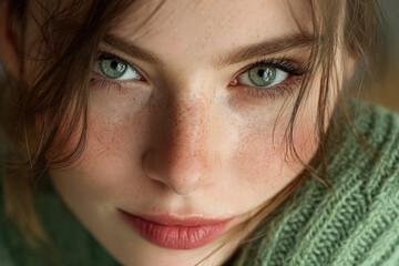 Close Up Portrait of Freckled Girl with Green Eyes