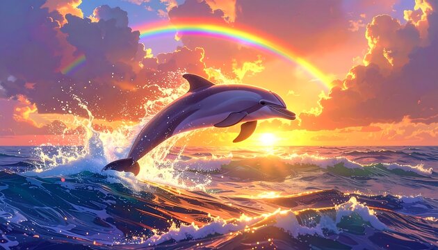 Dolphin leaps from ocean waves, sun setting behind, and a rainbow arcs through sky. Soft painted style and colors