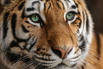 Beautiful tigr, portrait shot, close up of face, green eyes, great details, high quality photo, 8K