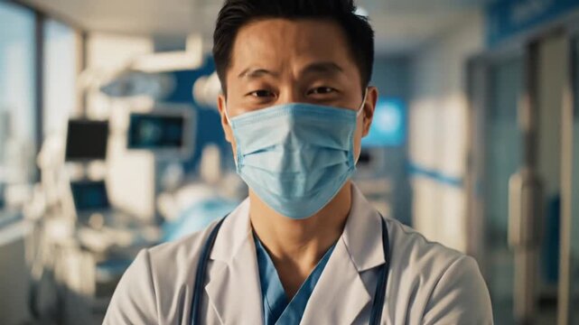 Confident Asian Male Doctor in Medical Mask Standing in Modern Hospital