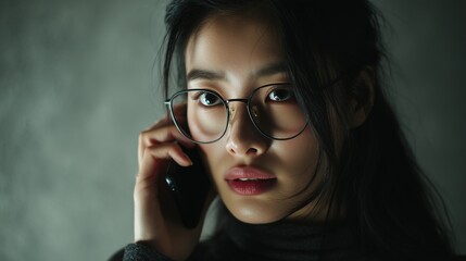 A young Asian woman is engaged in a serious phone conversation, her attention fully directed at the call. The dark, muted background highlights her focused demeanor and thoughtful