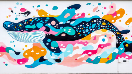 Vibrant abstract street art mural featuring large stylized whale swimming amidst dynamic explosion of colorful, organic shapes and polka dots on white wall