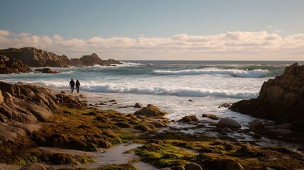 A couple walks on a rugged seaweed covered coastline as ocean waves crash onto the shore under soft morning light